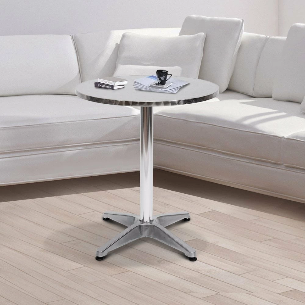 Adjustable Aluminium Bar Table Round Tabletop Dining Wine Pub Stainless Steel Height 70-110cm Metal W/Chromed Base Style-Silver - Image 2