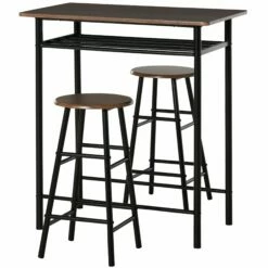 HOMCOM Bar Table Set, Bar Table And Stools Set, Footrest And Storage Shelf, For Kitchen, Dining Room, Pub, Cafe, Black And Oak
