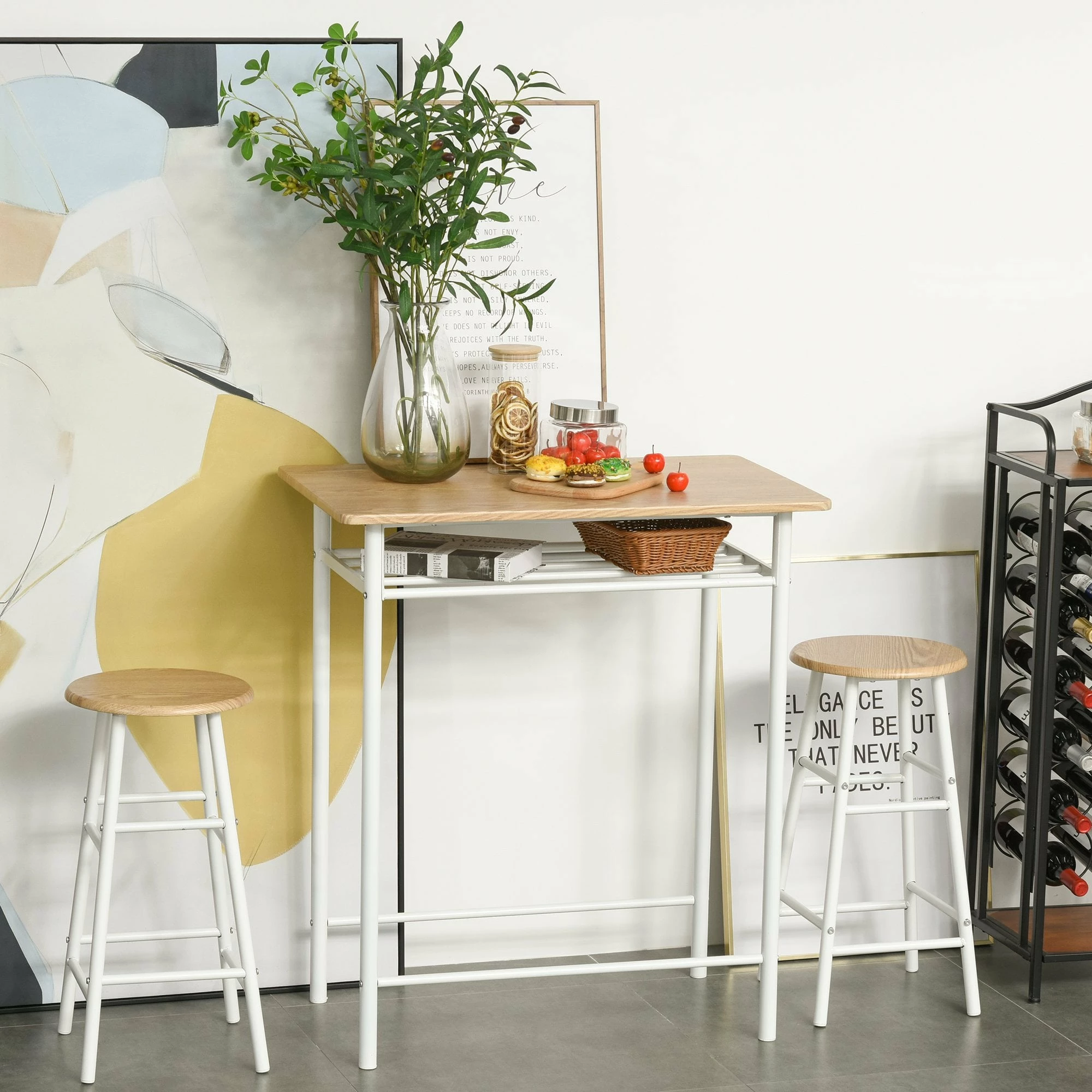 HOMCOM 3 Piece Bar Height Dining Furniture Set With 1 Table And 2 Matching Chairs With Metal Frame Footrest And Storage Shelf, For Kitchen, Dining Room, Pub, Cafe - Image 10