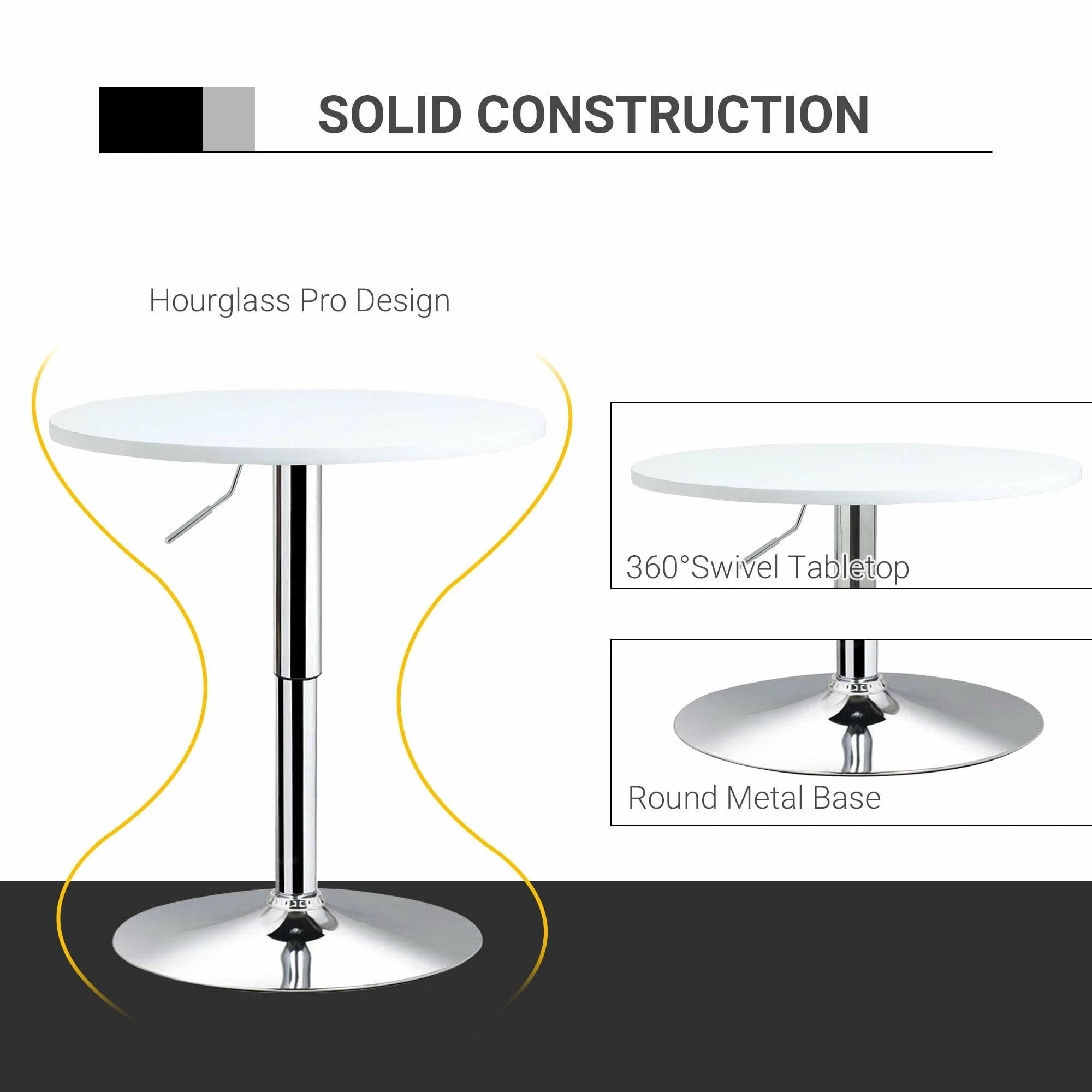 60cm Adjustable Height Round Bar Table With Swivel Top Metal Frame - White - Image 5