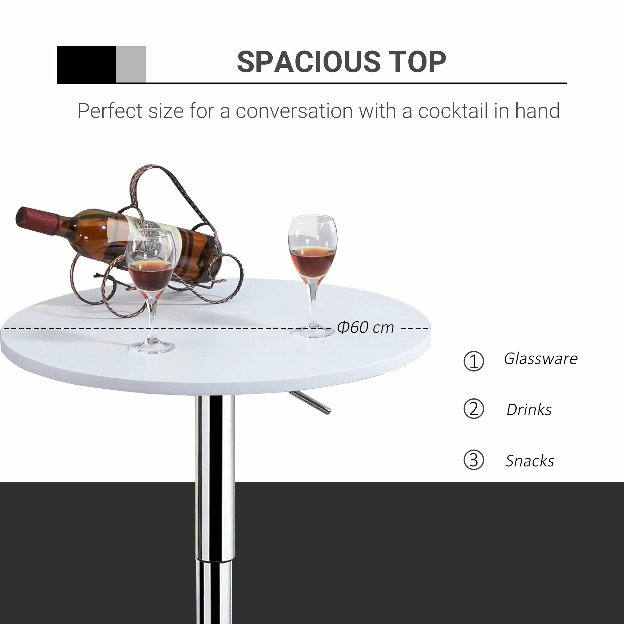 60cm Adjustable Height Round Bar Table With Swivel Top Metal Frame - White - Image 6