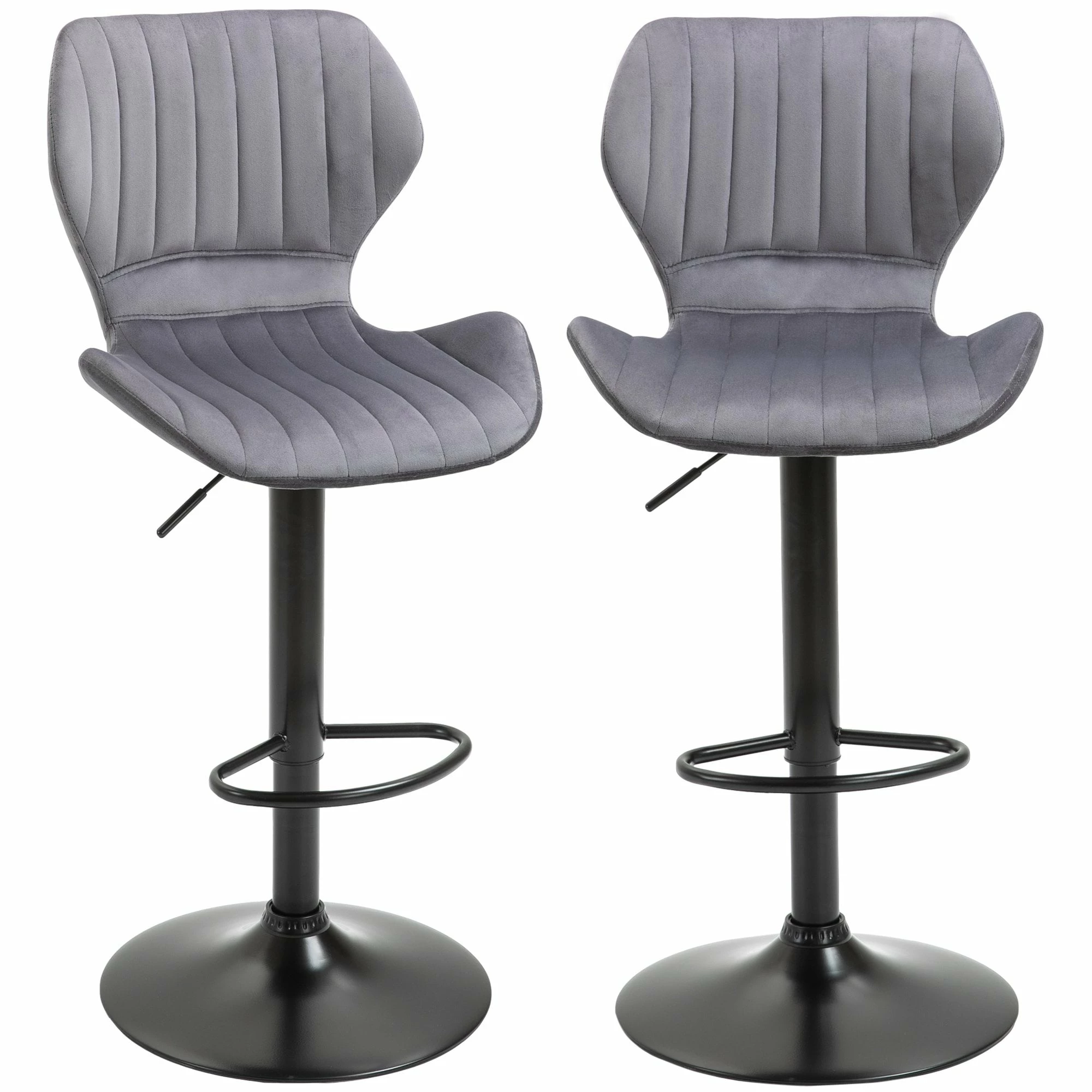 HOMCOM Bar Stool Set Of 2 Velvet-Touch Fabric Adjustable Height Swivel Counter Chairs With Footrest, Grey