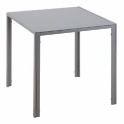 Modern Square Dining Table, Seats 4, With Glass Top & Metal Legs For Dining Room, Living Room, Grey Tempered