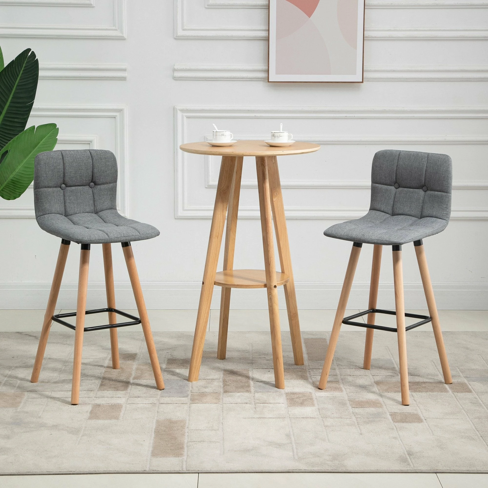 HOMCOM Bar Stool Set Of 2 Armless Button-Tufted Counter Height Bar Chairs With Wood Legs & Footrest, Grey - Image 3