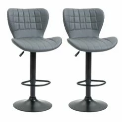 Bar Stools Set Of 2 Adjustable Height Swivel Bar Chairs In PU Leather With Backrest & Footrest, Grey Footrest