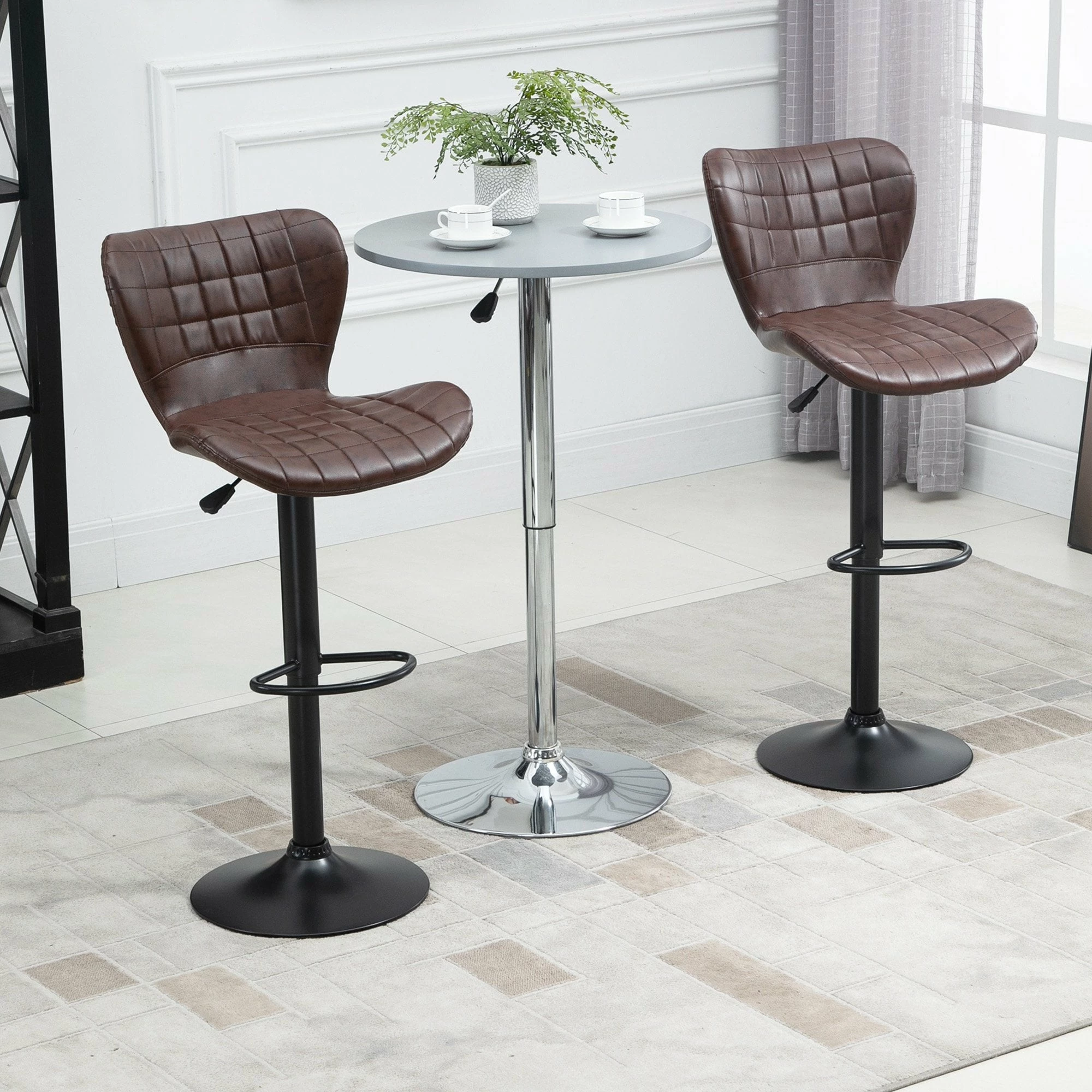Bar Stools Set Of 2 Adjustable Height Swivel Bar Chairs In PU Leather With Backrest & Footrest, Brown Footrest - Image 2