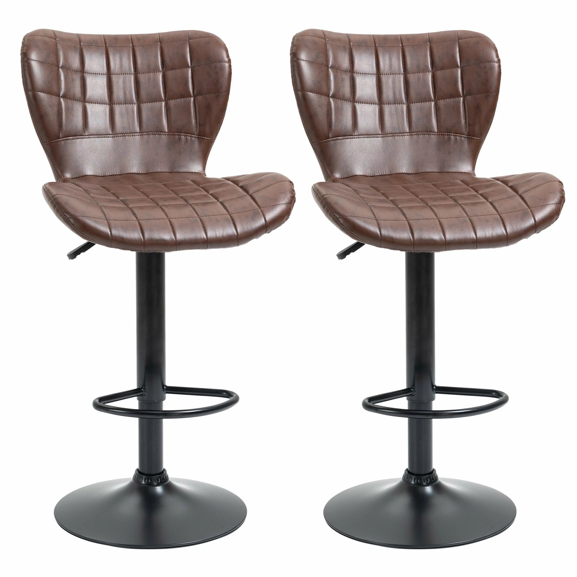 Bar Stools Set Of 2 Adjustable Height Swivel Bar Chairs In PU Leather With Backrest & Footrest, Brown Footrest