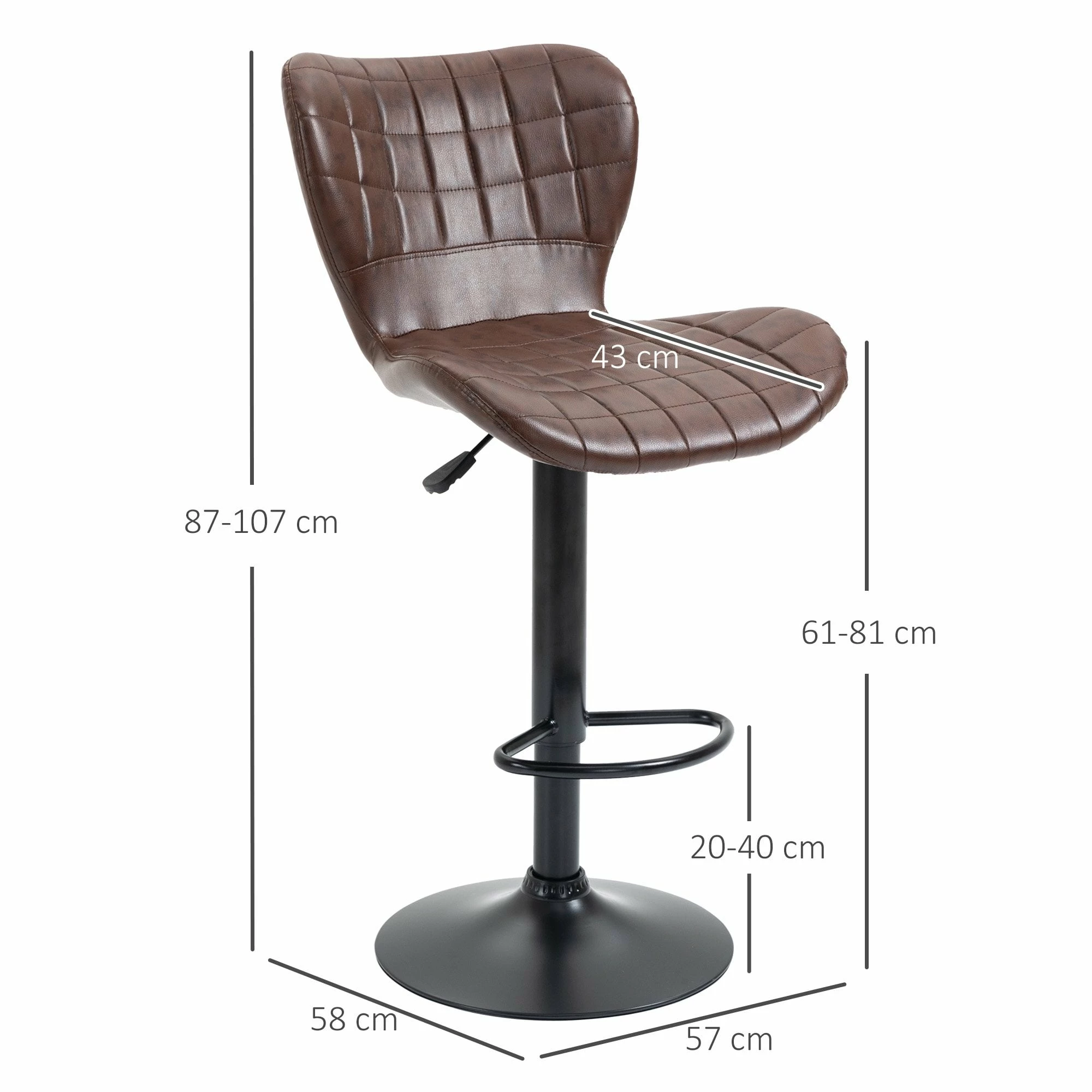 Bar Stools Set Of 2 Adjustable Height Swivel Bar Chairs In PU Leather With Backrest & Footrest, Brown Footrest - Image 3