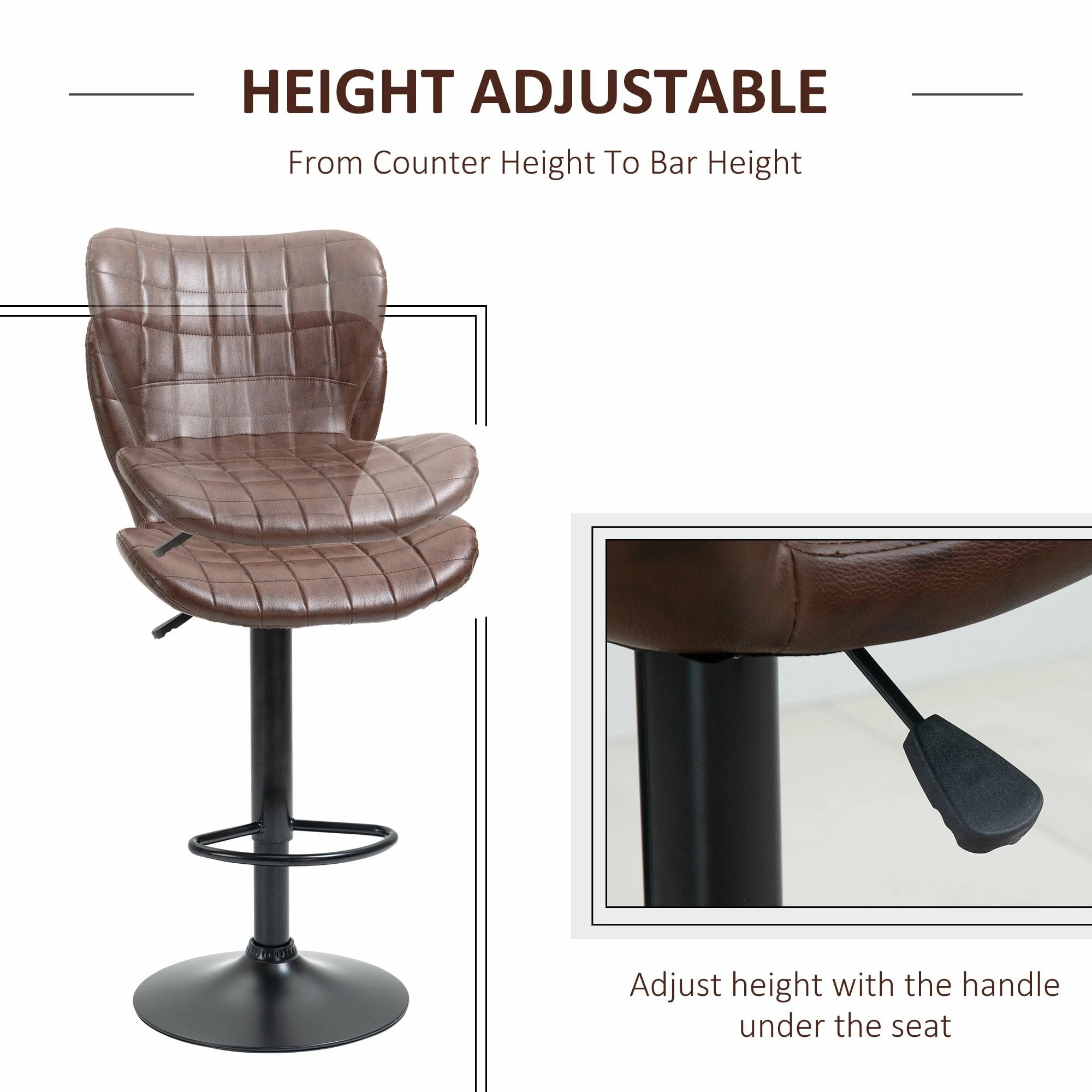 Bar Stools Set Of 2 Adjustable Height Swivel Bar Chairs In PU Leather With Backrest & Footrest, Brown Footrest - Image 4