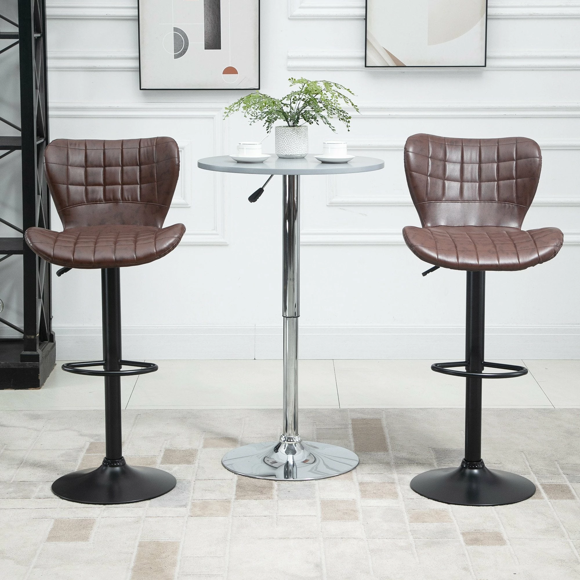 Bar Stools Set Of 2 Adjustable Height Swivel Bar Chairs In PU Leather With Backrest & Footrest, Brown Footrest - Image 7