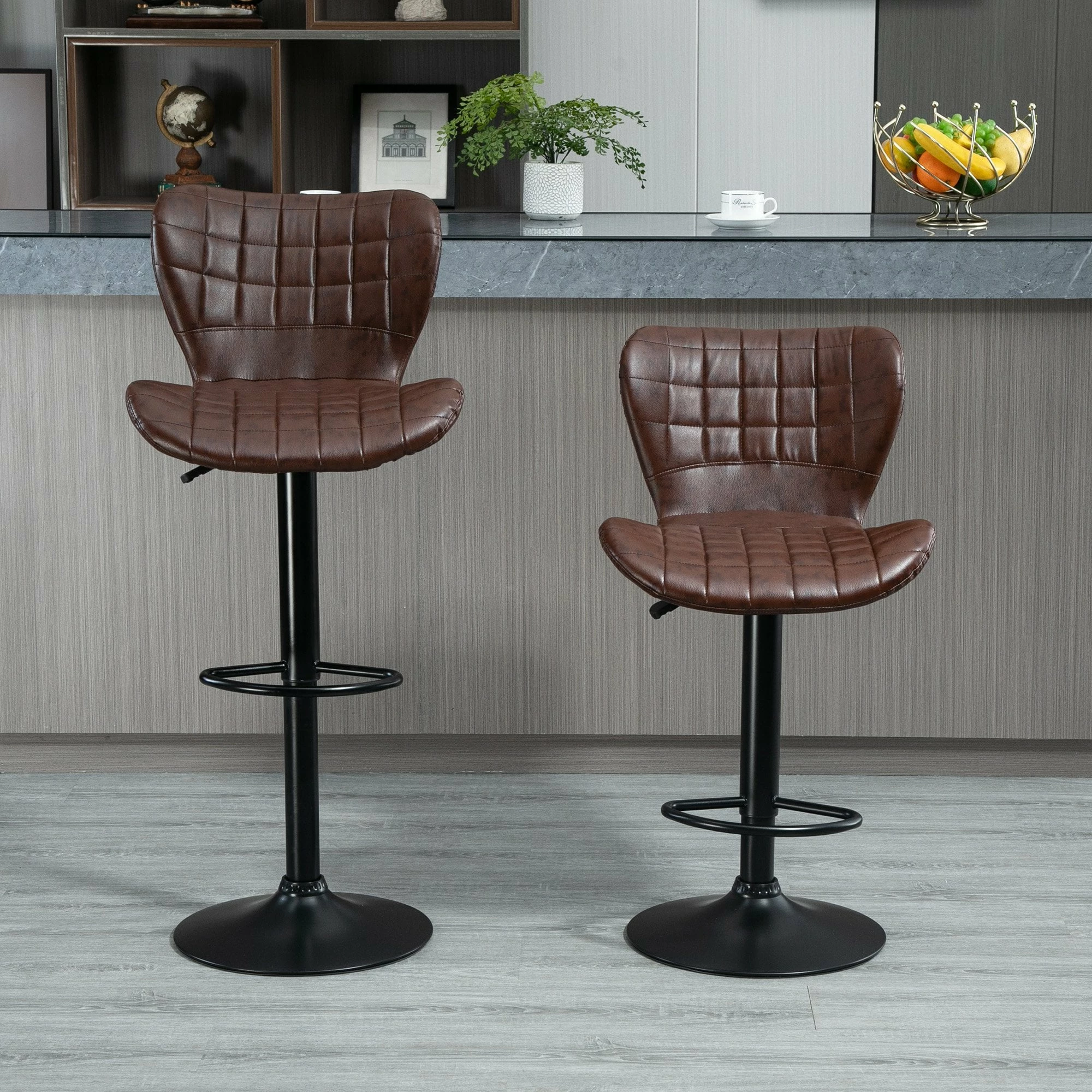 Bar Stools Set Of 2 Adjustable Height Swivel Bar Chairs In PU Leather With Backrest & Footrest, Brown Footrest - Image 10