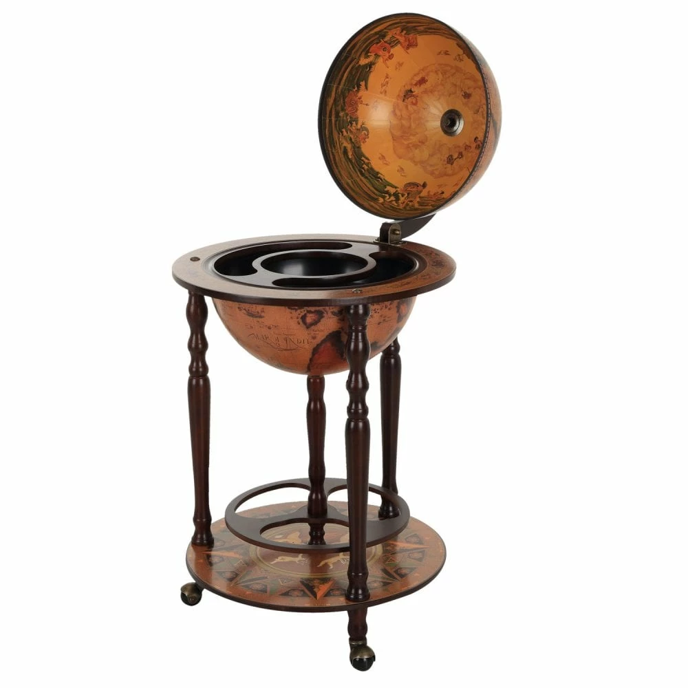 HOMCOM Wine Trolley Globe Dark Yellow Brown Shaped Retro Style Bar Cabinet Alcohol Storage Trolley Glass Bottle Holder 36CM