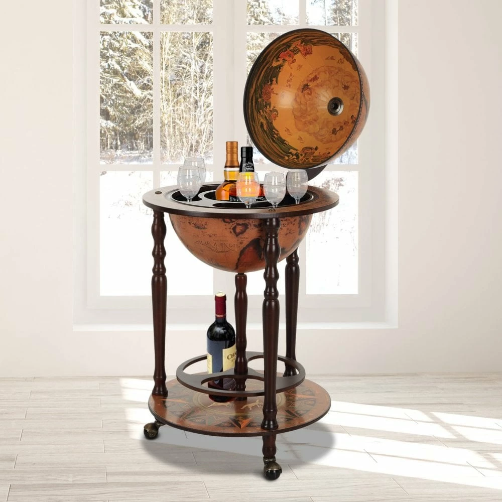 HOMCOM Wine Trolley Globe Dark Yellow Brown Shaped Retro Style Bar Cabinet Alcohol Storage Trolley Glass Bottle Holder 36CM - Image 10