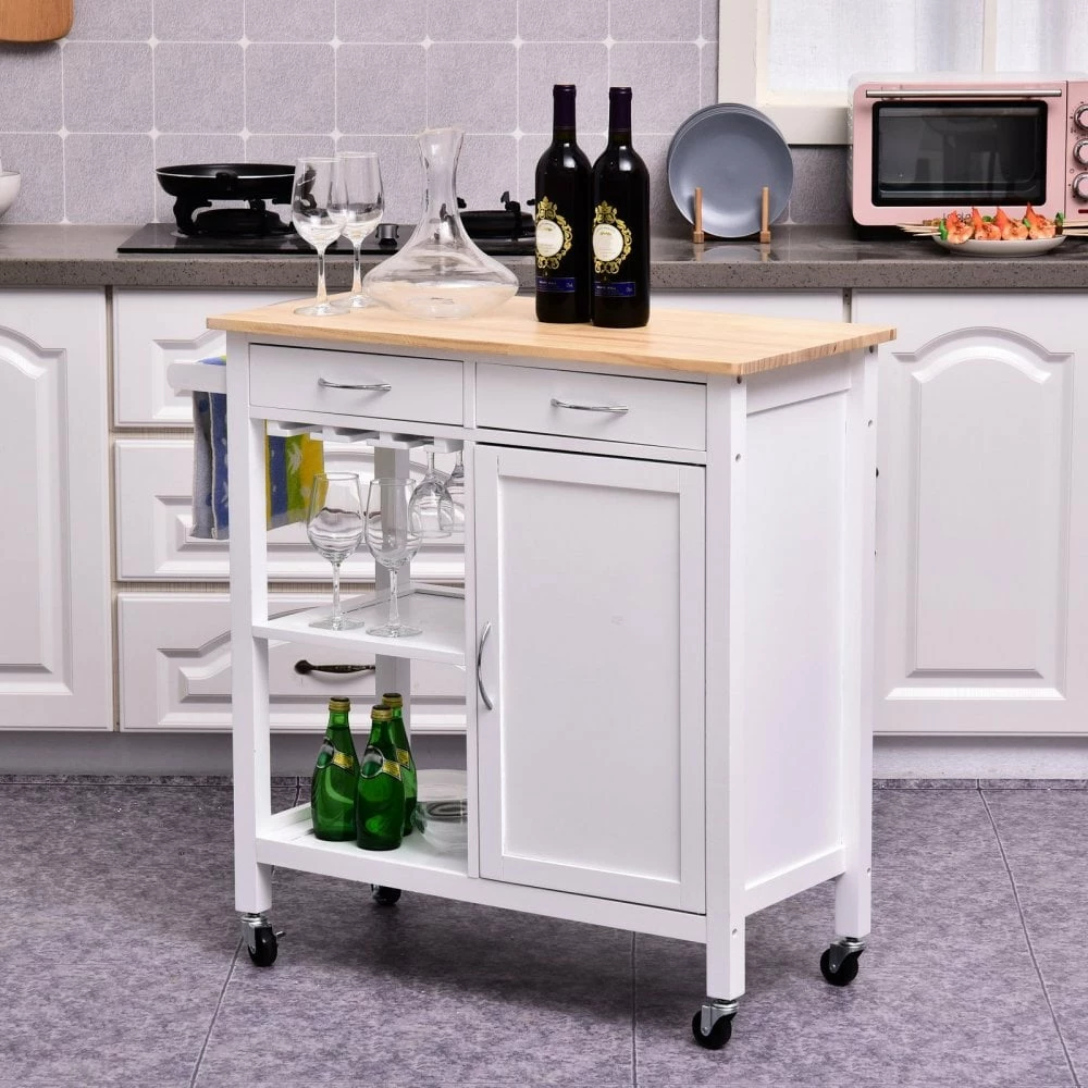 HOMCOM Kitchen Island W/2 Drawers - White/Natural Wood Colour - Image 10