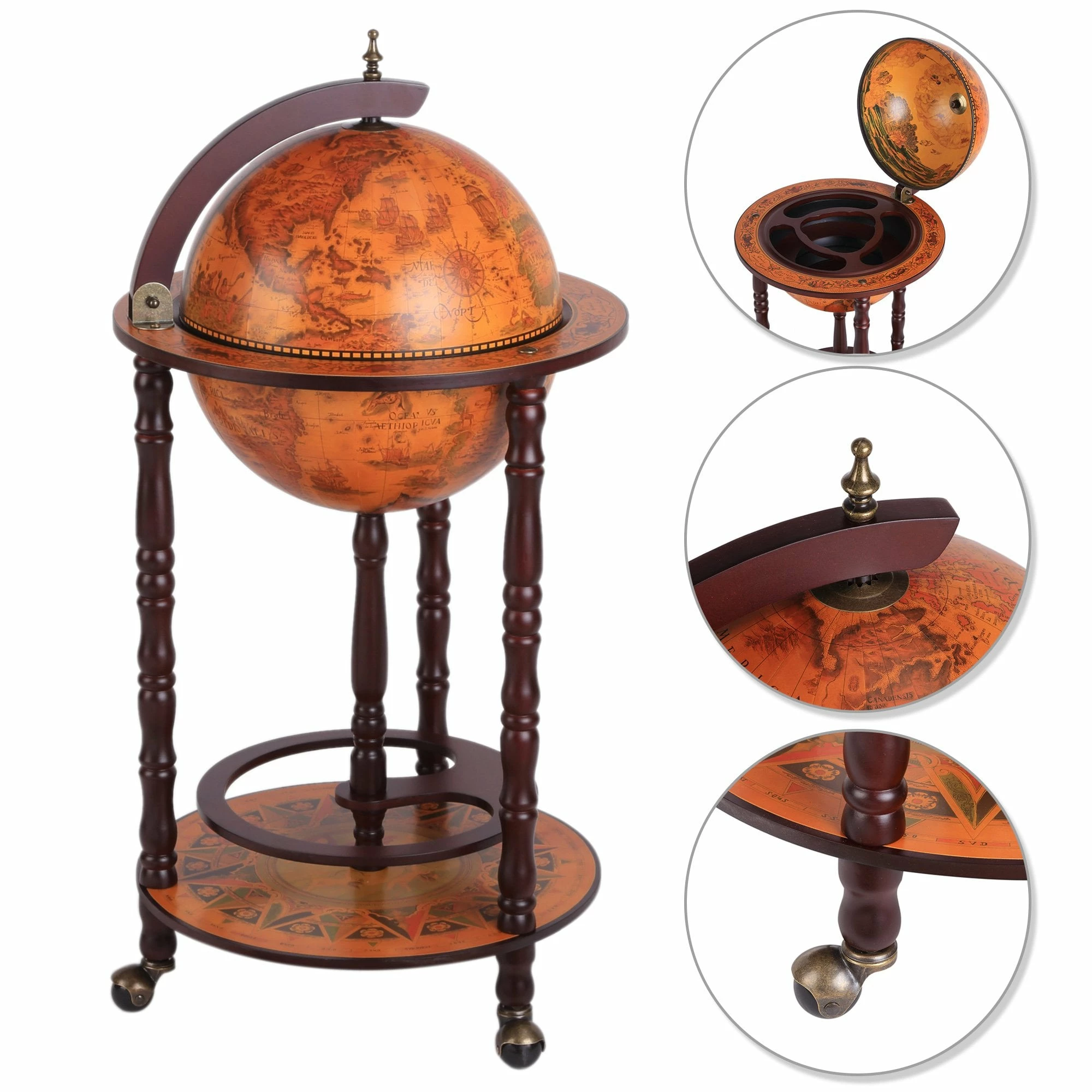HOMCOM Globe Shaped Vintage Retro Style Drink Cabinet Mini Bar With Wheels - Image 3