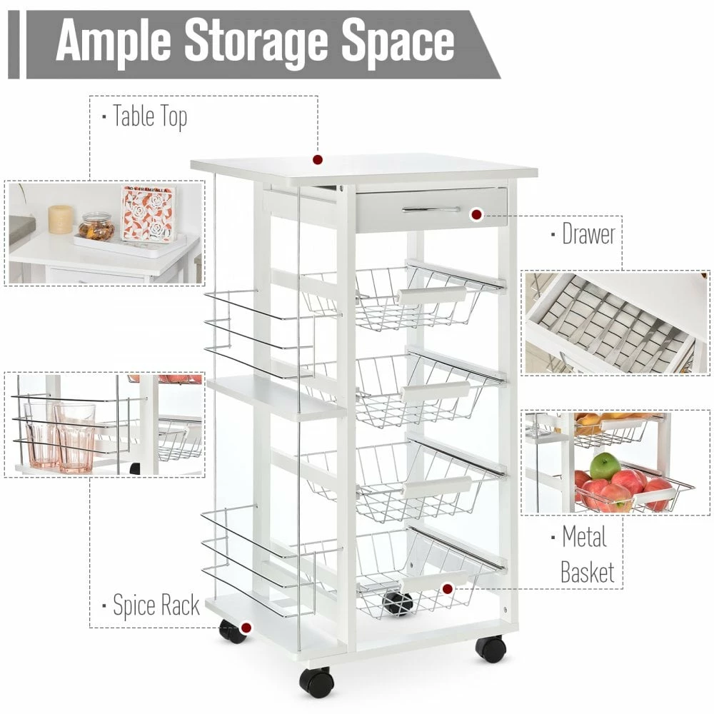 HOMCOM MDF Multifunction Kitchen Island Trolley White - Image 5