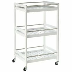 HOMCOM Pine Wood 3-Tier Kitchen Trolley White