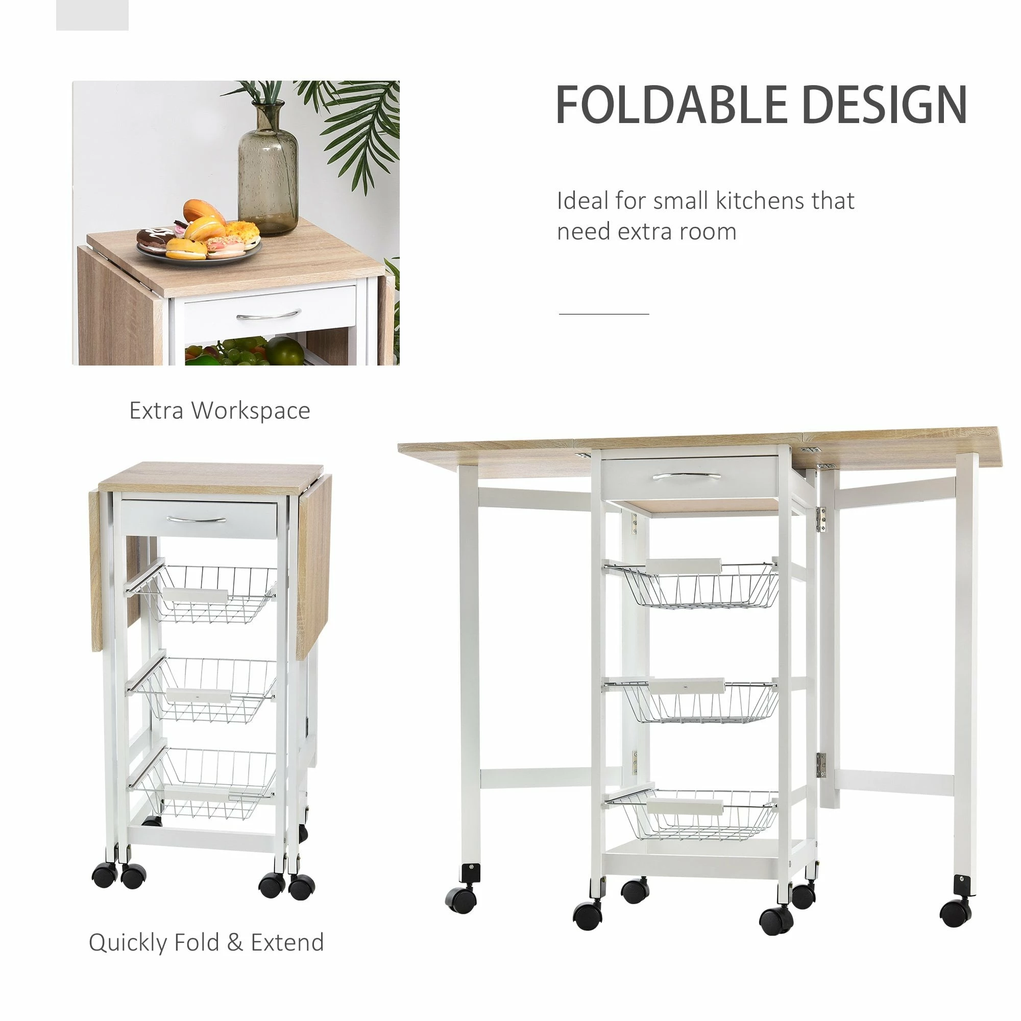 HOMCOM MDF Extendable Kitchen Island Trolley - White - Image 4
