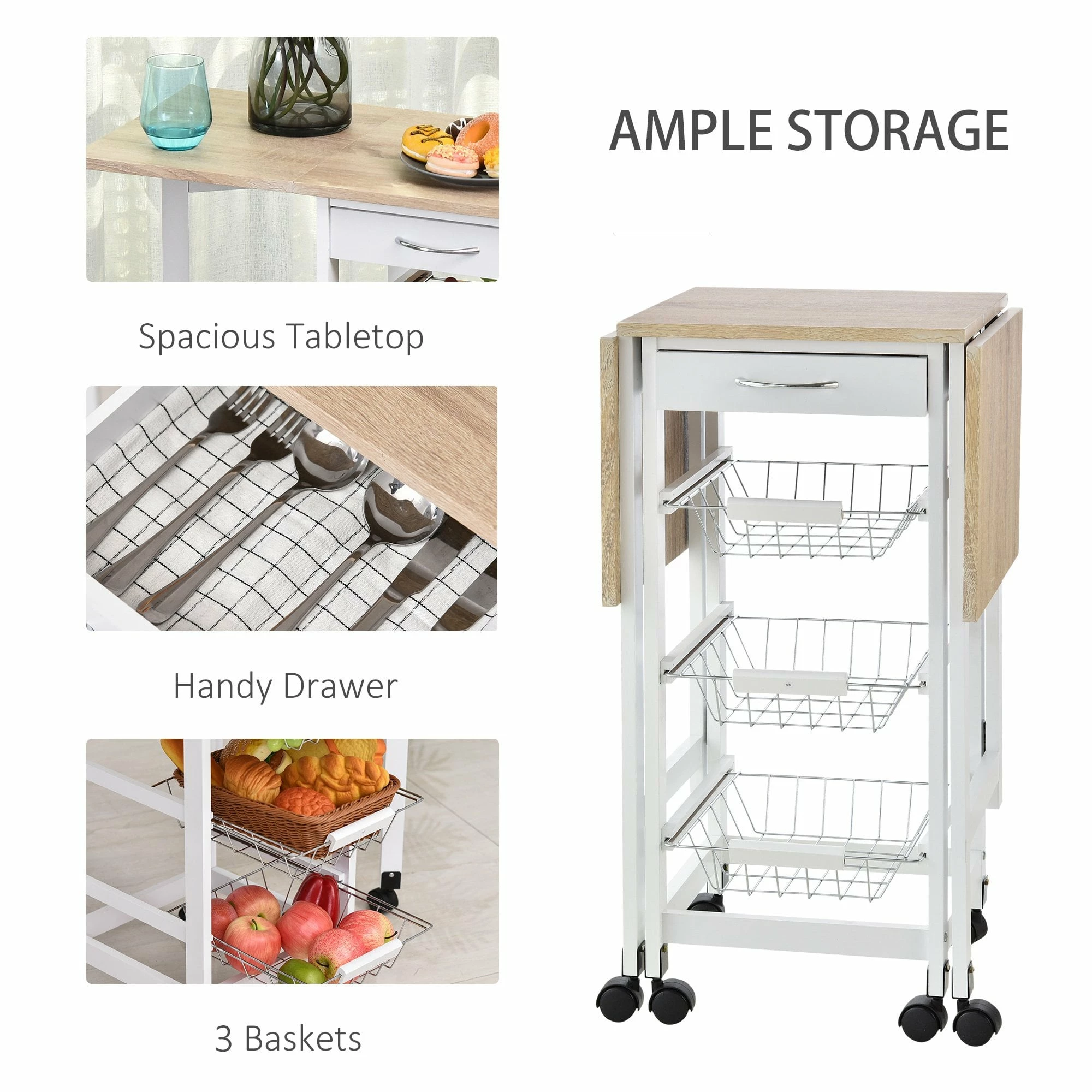 HOMCOM MDF Extendable Kitchen Island Trolley - White - Image 6