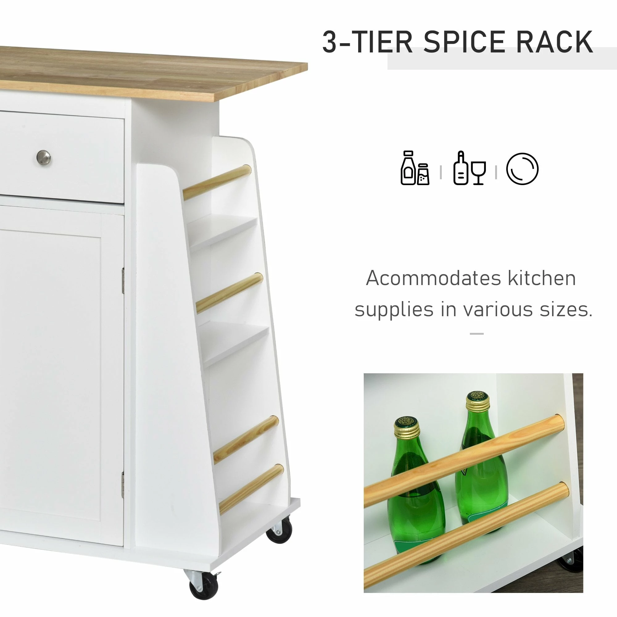 HOMCOM Kitchen Island Storage Cabinet Rolling Trolley With Rubber Wood Top, 3-Tier Spice Rack, Large Cabinet & Drawers Rack - Image 3