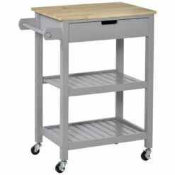 HOMCOM Kitchen Trolley Utility Cart On Wheels With Rubberwood Worktop, Towel Rack, Storage Shelves & Drawer For Dining Room, Grey Worktop Rack