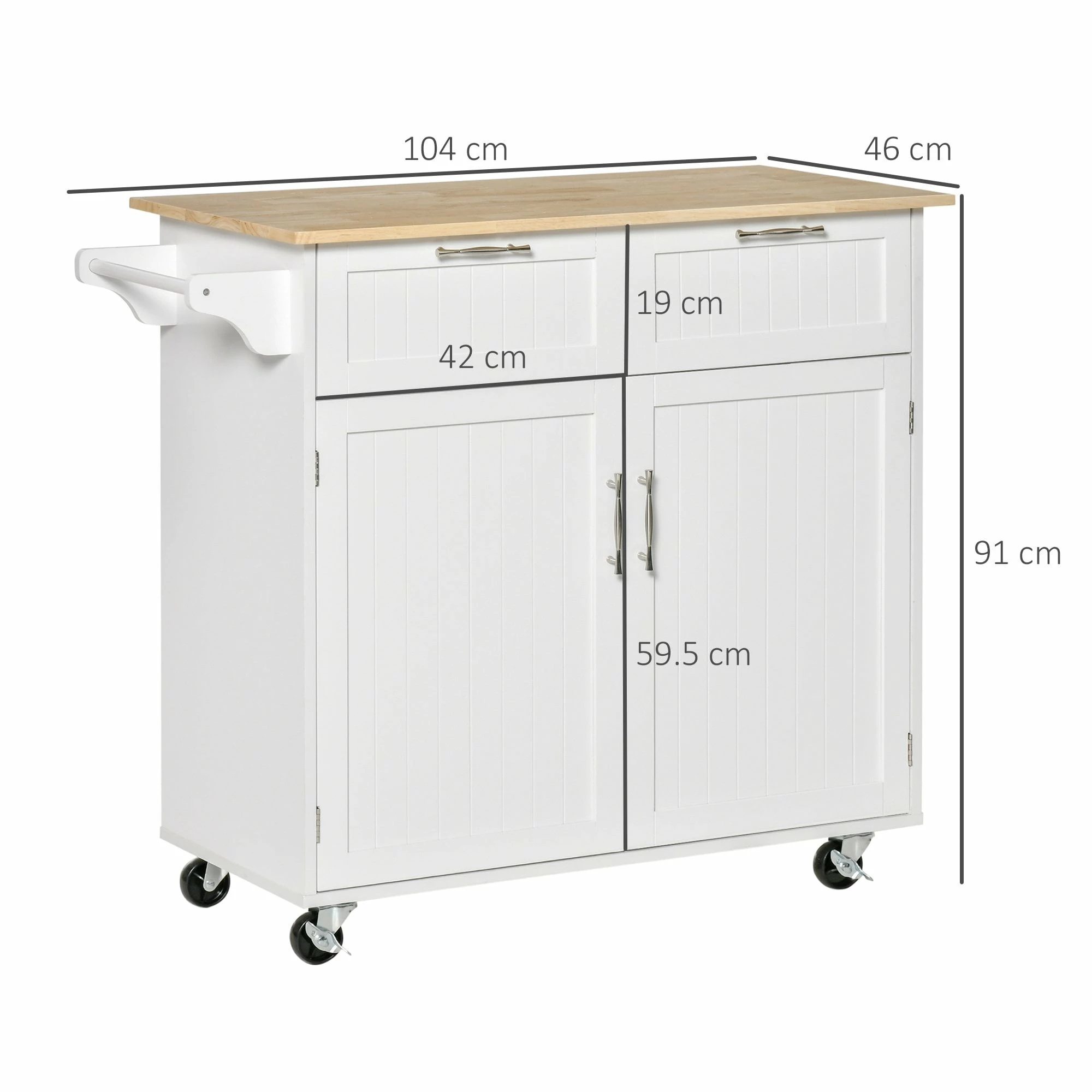 HOMCOM Modern Rolling Kitchen Island Storage Kitchen Cart Utility Trolley With Rubberwood Top, 2 Drawers, White Drawers - Image 3