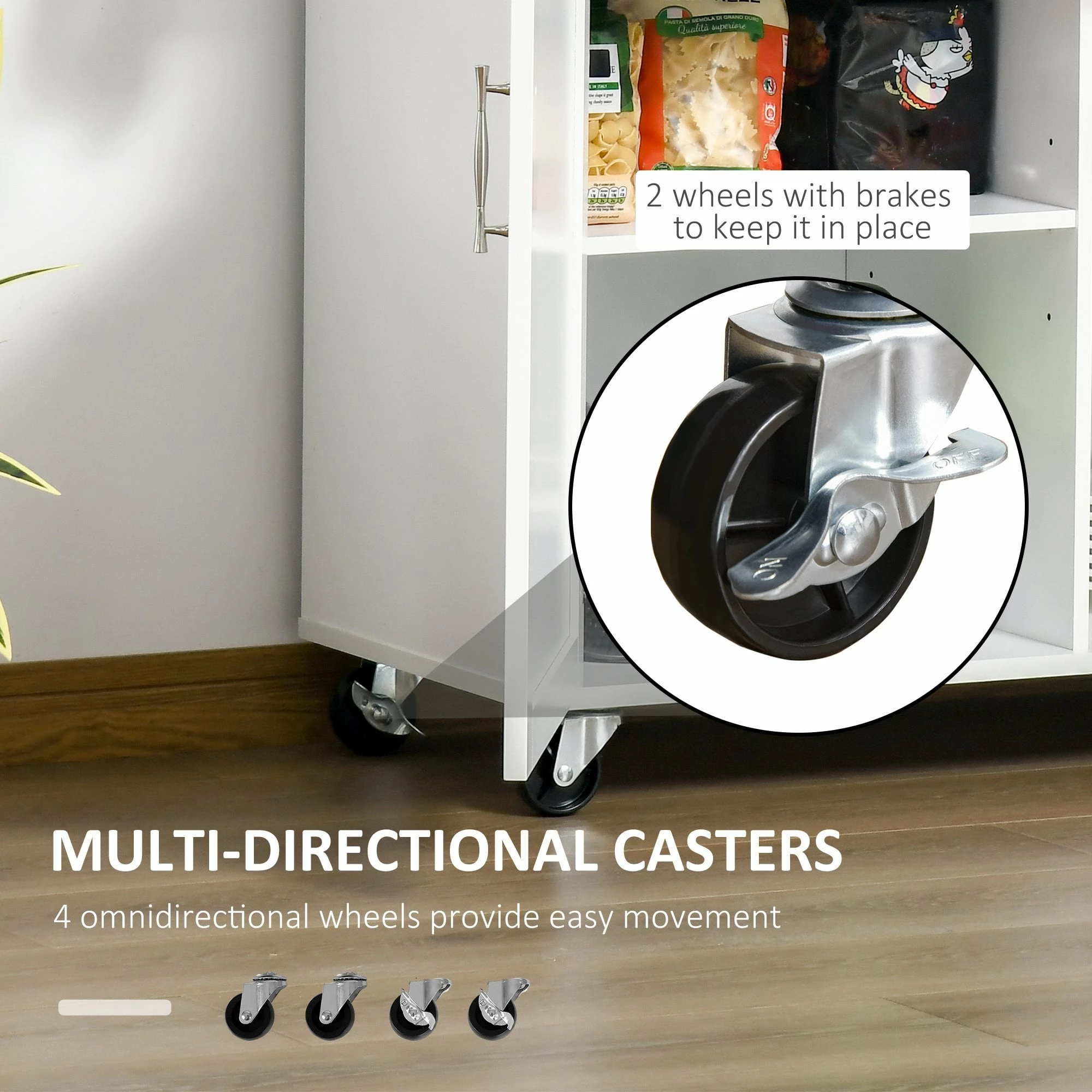 HOMCOM Modern Rolling Kitchen Island Storage Kitchen Cart Utility Trolley With Rubberwood Top, 2 Drawers, White Drawers - Image 5