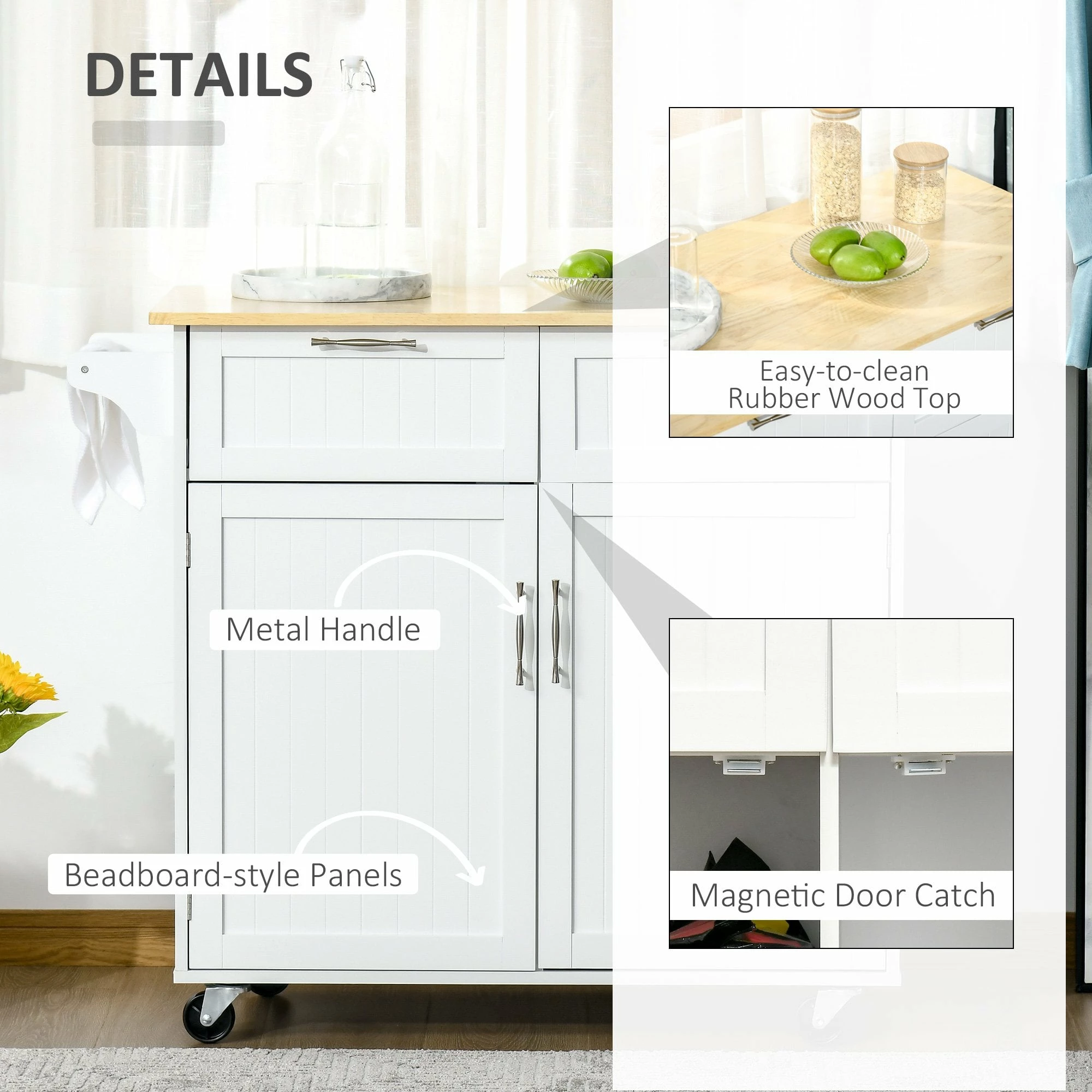 HOMCOM Modern Rolling Kitchen Island Storage Kitchen Cart Utility Trolley With Rubberwood Top, 2 Drawers, White Drawers - Image 7