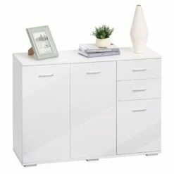 High-Gloss Sideboard Finish Storage Cabinet Home Organisation Aluminium Handles With 2-Drawers White