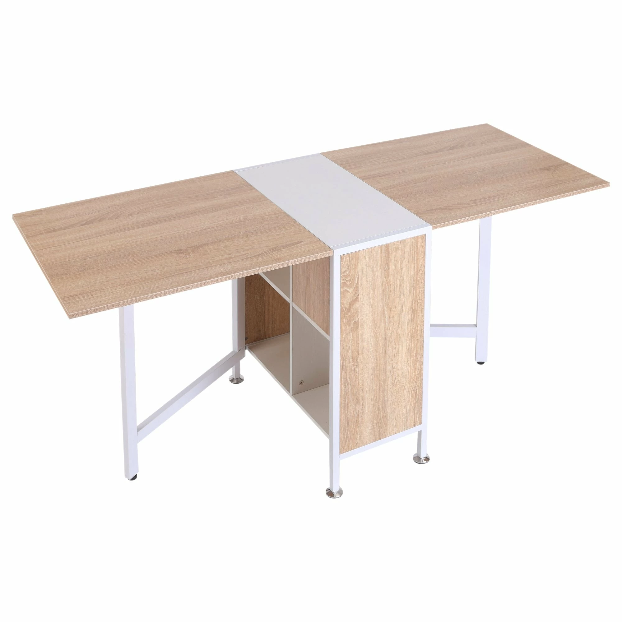 Drop Leaf Table Folding Computer Desk Workstation For Small Space W/ 2 Storage Shelves Cubes-Oak/White Colour