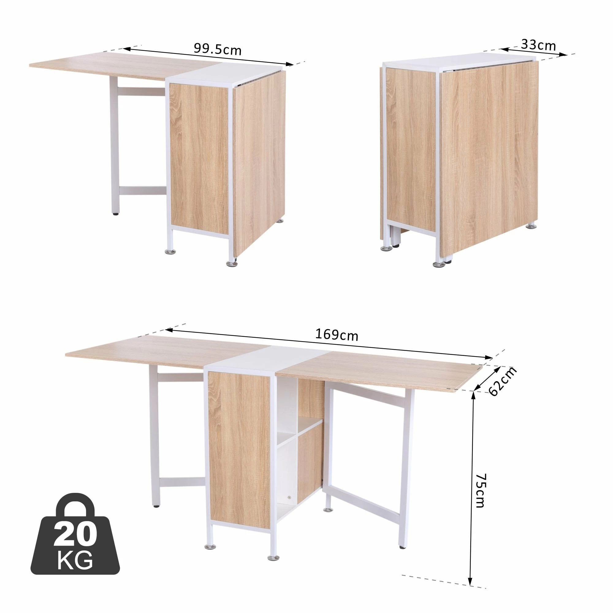Drop Leaf Table Folding Computer Desk Workstation For Small Space W/ 2 Storage Shelves Cubes-Oak/White Colour - Image 3