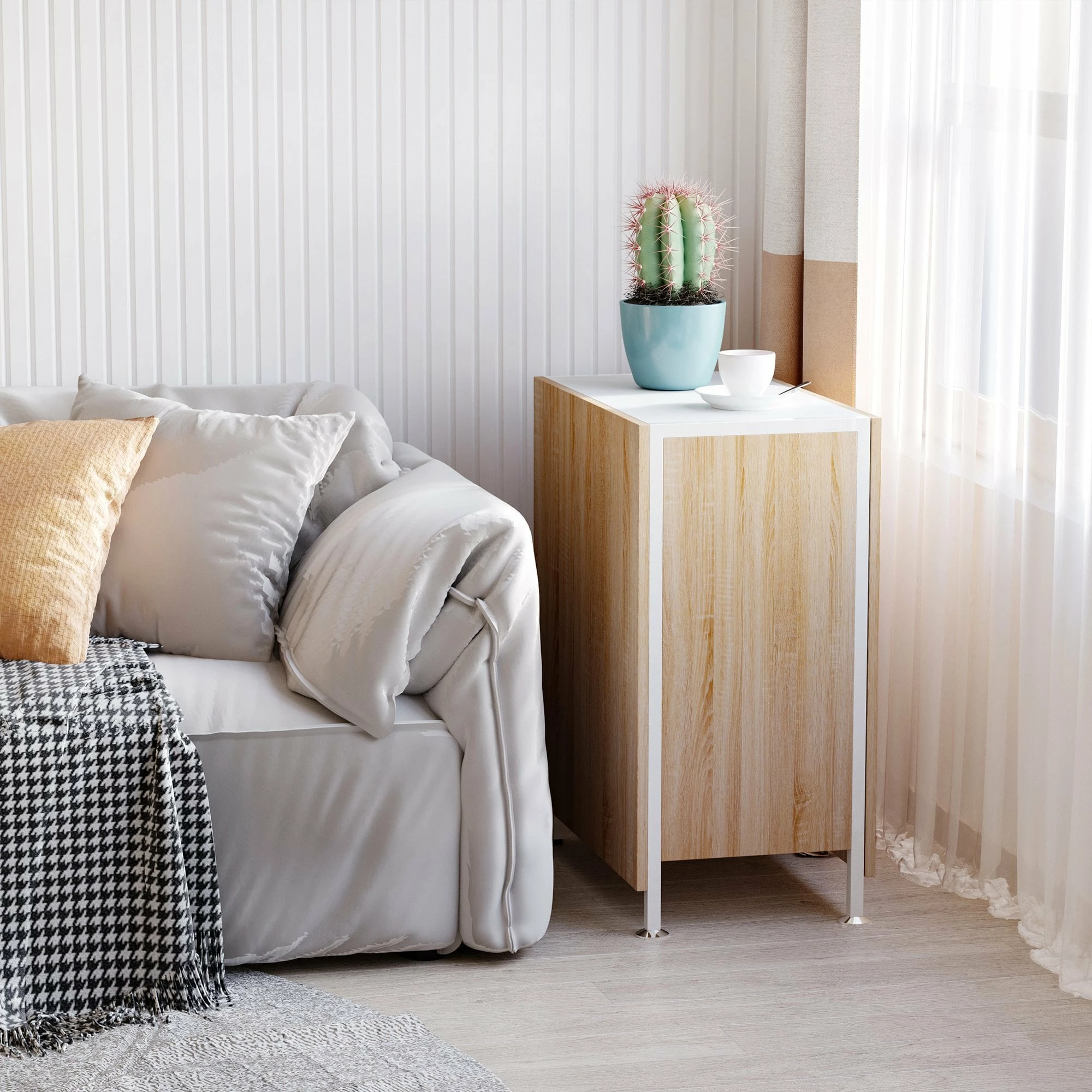 Drop Leaf Table Folding Computer Desk Workstation For Small Space W/ 2 Storage Shelves Cubes-Oak/White Colour - Image 4