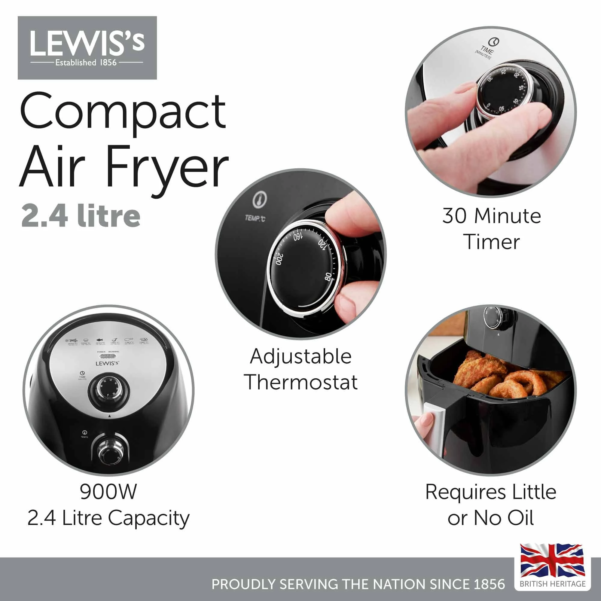 Lewis's Compact Air Fryer 2.4L 900W - Black - Image 3
