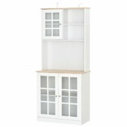 Home Sideboard Storage Cabinet Unit W/ Countertop Grid Glass Doors - White