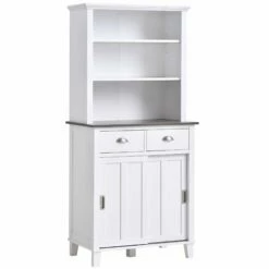 Freestanding Kitchen Pantry Cabinet Cupboard With Sliding Doors And Open Shelves, Adjustable Shelving, Modern Hallway Display Case, Counter Storage Cainet Centerpiece Unit,76Wx 48D X 169Hcm, White