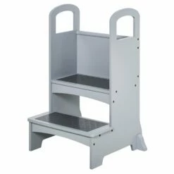 Kitchen Helper For Children Step Stool With 2 Steps, Support Handles And Non-Slip - Grey