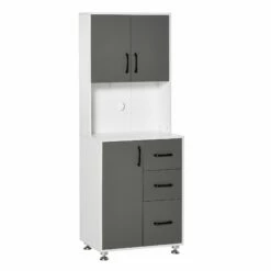 Modern Kitchen Buffet With Hutch Pantry Storage,2 Cabinets, 3 Drawers And Open Countertop, Grey Microwave, 60L X 40W X 150H Cm, Grey And Whit