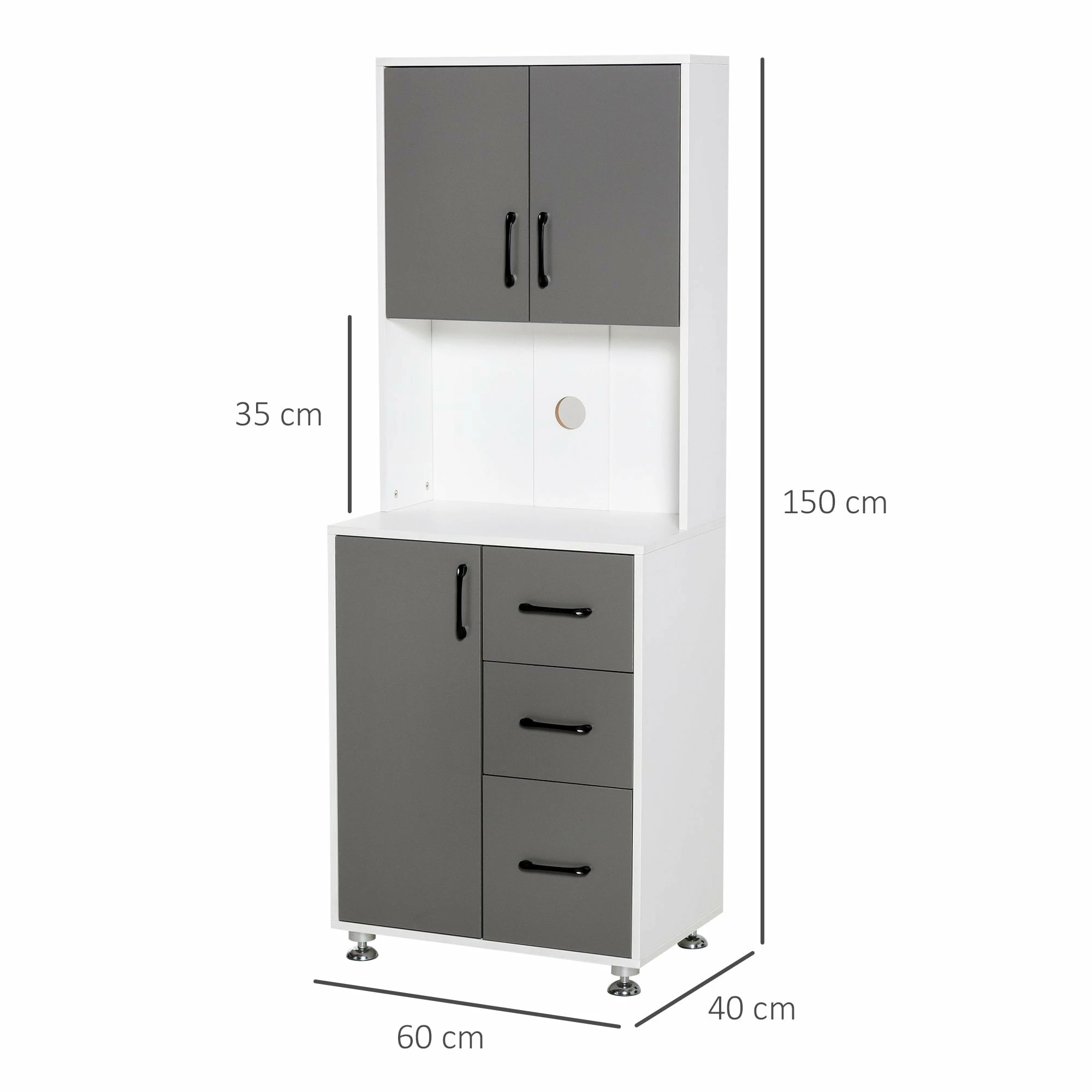Modern Kitchen Buffet With Hutch Pantry Storage,2 Cabinets, 3 Drawers And Open Countertop, Grey Microwave, 60L X 40W X 150H Cm, Grey And Whit - Image 3
