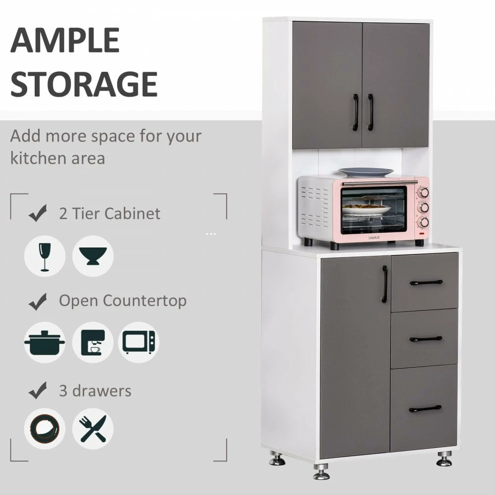 Modern Kitchen Buffet With Hutch Pantry Storage,2 Cabinets, 3 Drawers And Open Countertop, Grey Microwave, 60L X 40W X 150H Cm, Grey And Whit - Image 5