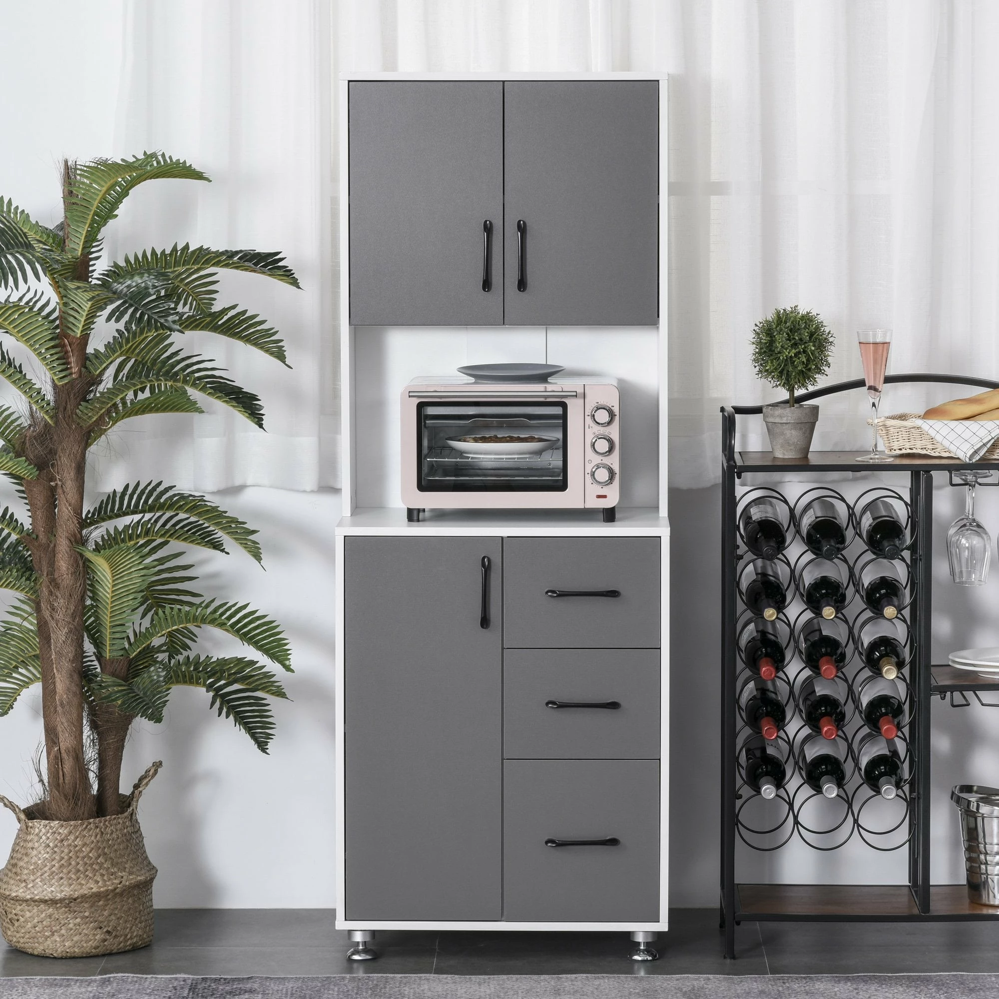 Modern Kitchen Buffet With Hutch Pantry Storage,2 Cabinets, 3 Drawers And Open Countertop, Grey Microwave, 60L X 40W X 150H Cm, Grey And Whit - Image 9