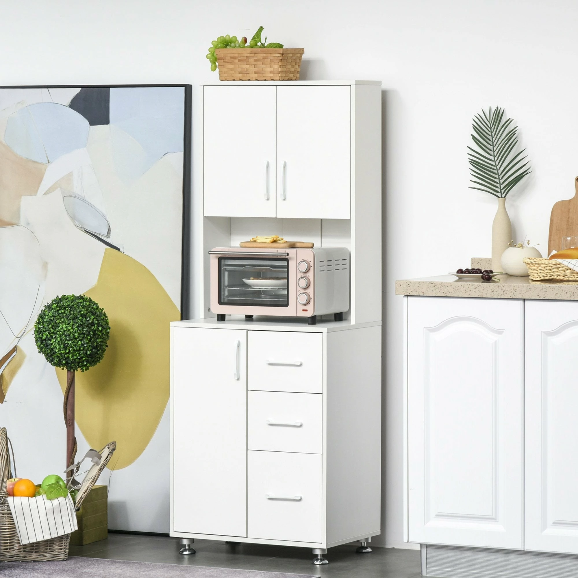Modern Kitchen Buffet With Hutch Pantry Storage,2 Cabinets, 3 Drawers And Open Countertop, 60L X 40W X 150H Cm, White - Image 2