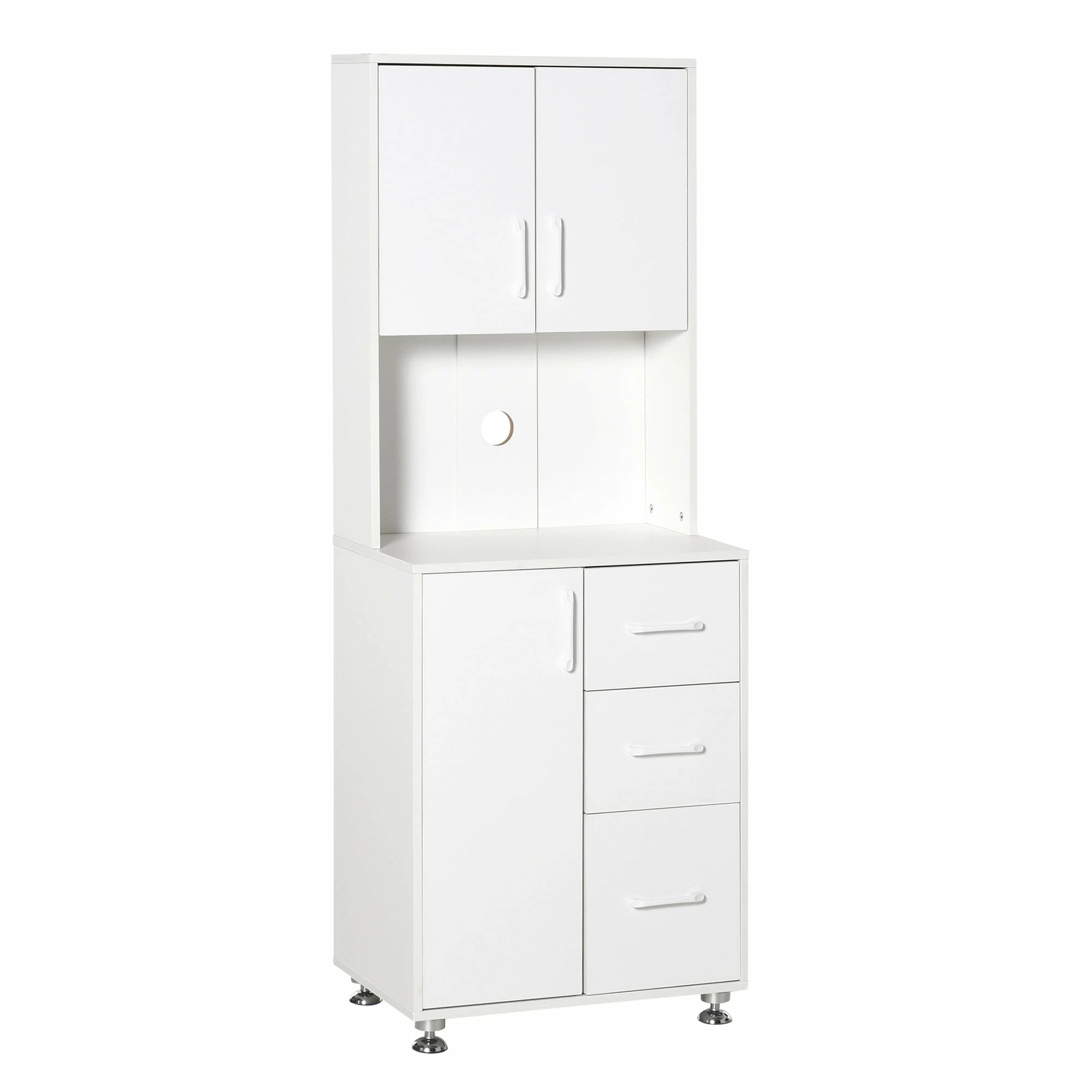 Modern Kitchen Buffet With Hutch Pantry Storage,2 Cabinets, 3 Drawers And Open Countertop, 60L X 40W X 150H Cm, White