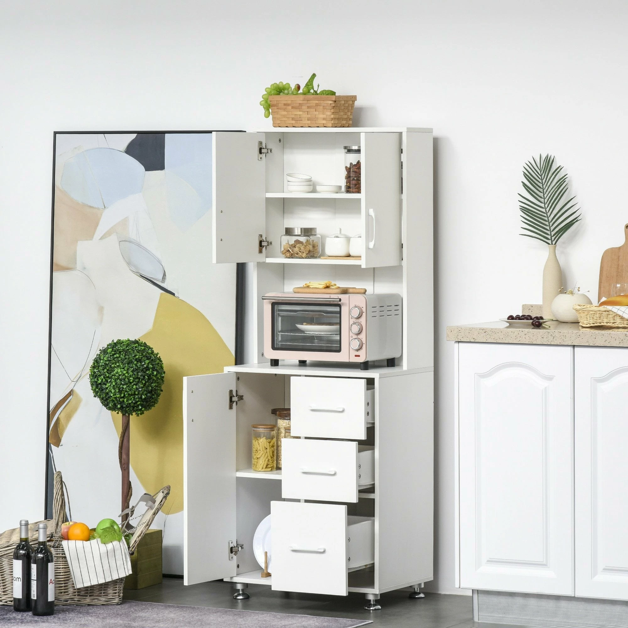 Modern Kitchen Buffet With Hutch Pantry Storage,2 Cabinets, 3 Drawers And Open Countertop, 60L X 40W X 150H Cm, White - Image 4