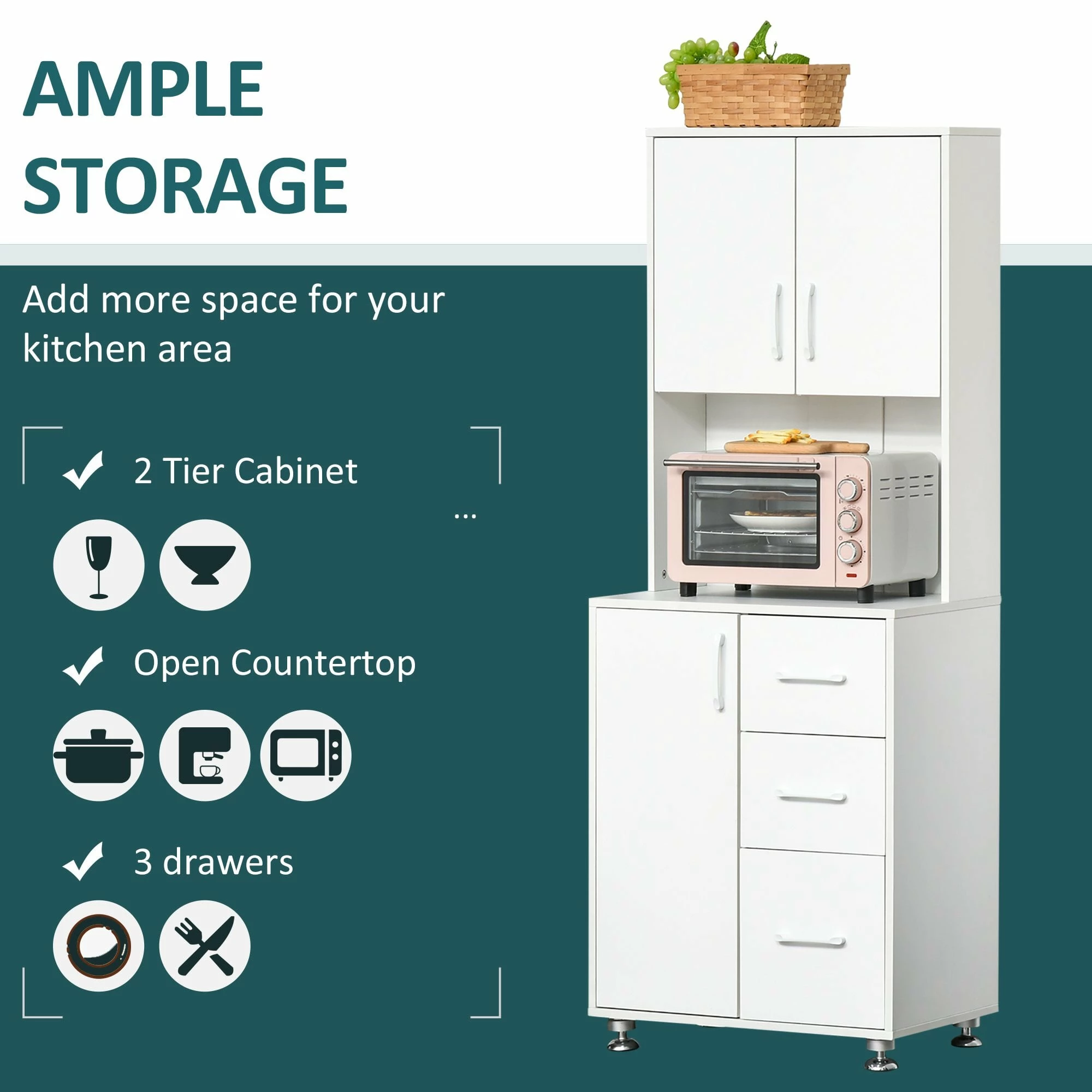 Modern Kitchen Buffet With Hutch Pantry Storage,2 Cabinets, 3 Drawers And Open Countertop, 60L X 40W X 150H Cm, White - Image 5
