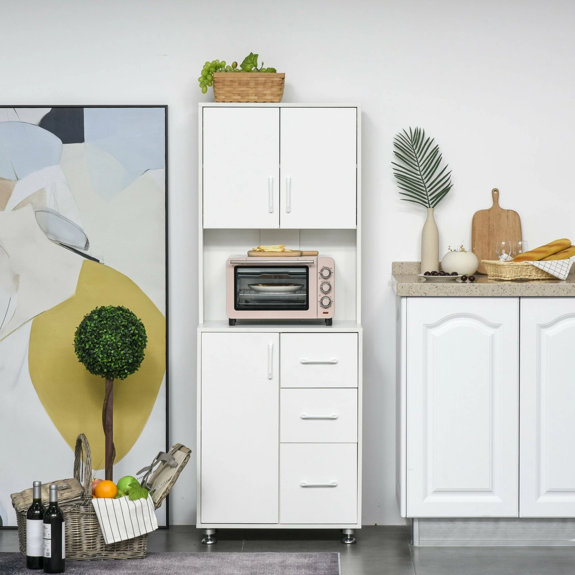 Modern Kitchen Buffet With Hutch Pantry Storage,2 Cabinets, 3 Drawers And Open Countertop, 60L X 40W X 150H Cm, White - Image 9