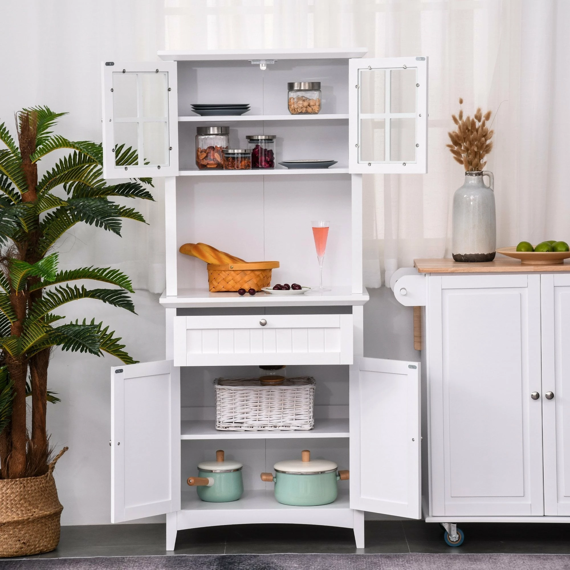 Kitchen Buffet And Hutch Wooden Storage Cupboard With Framed Glass Door, Drawer, Microwave Space For Dining And Living Room, 68.6W X 40D X 164Hcm, White - Image 4