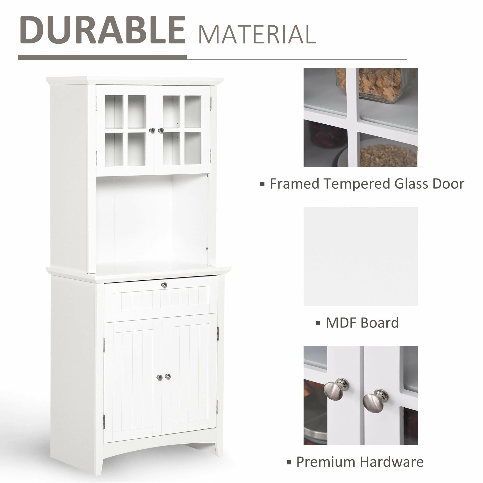 Kitchen Buffet And Hutch Wooden Storage Cupboard With Framed Glass Door, Drawer, Microwave Space For Dining And Living Room, 68.6W X 40D X 164Hcm, White - Image 6