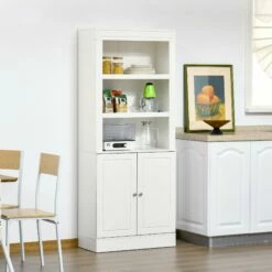 Kitchen Cupboard With 6-tier Adjustable Shelving, Freestanding Sideboard With 3 Open Compartments And Double-Door Cabinet - White