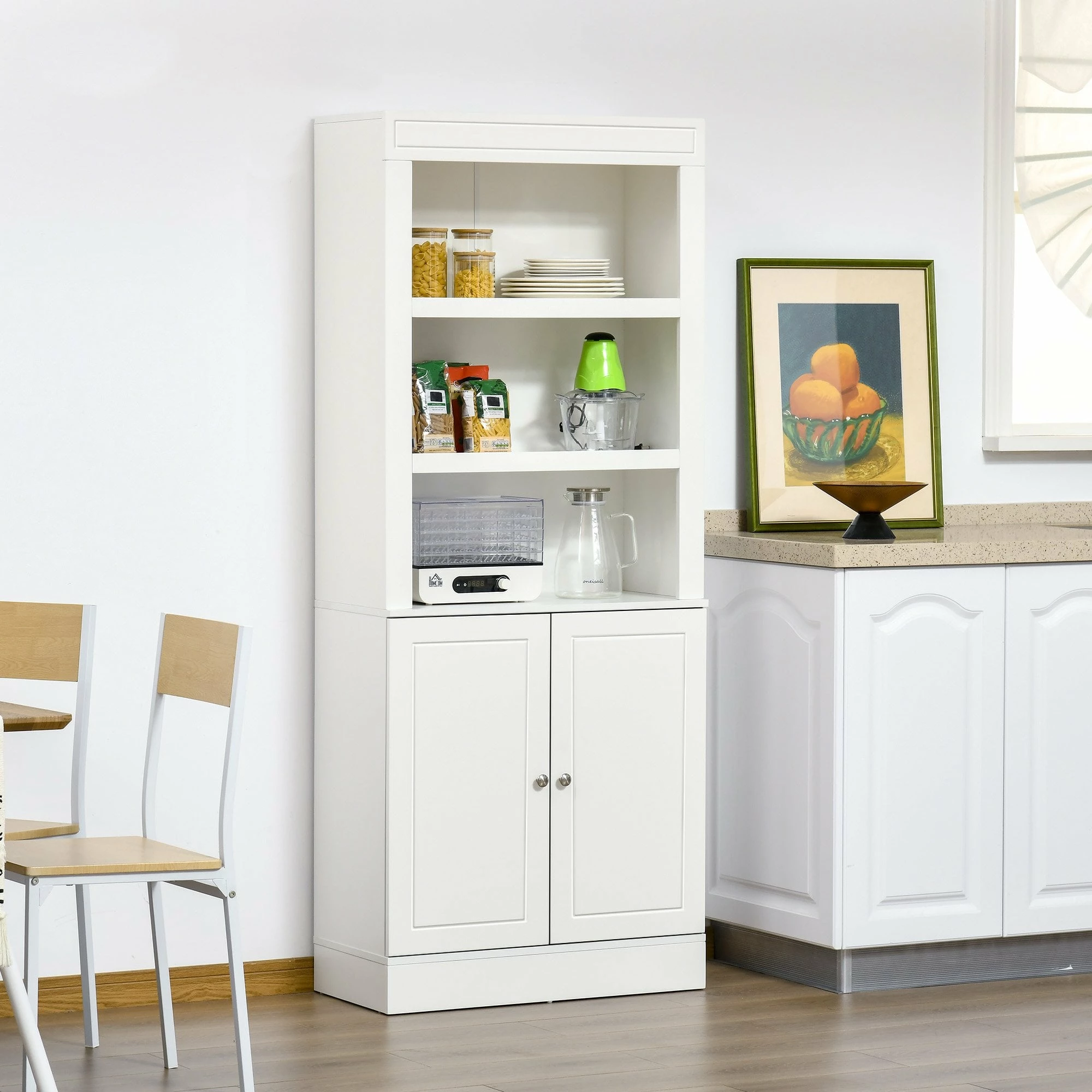 Kitchen Cupboard With 6-tier Adjustable Shelving, Freestanding Sideboard With 3 Open Compartments And Double-Door Cabinet - White