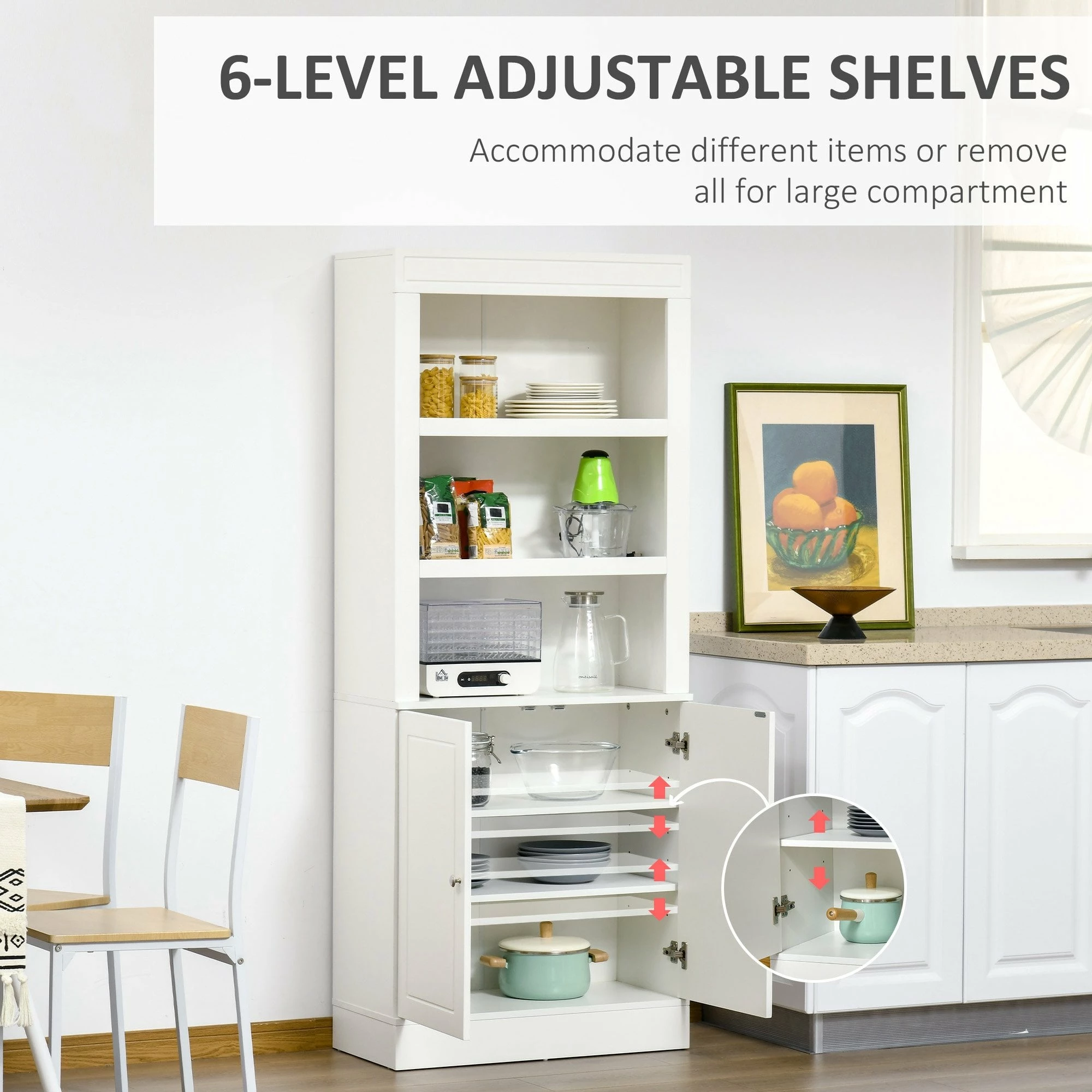 Kitchen Cupboard With 6-tier Adjustable Shelving, Freestanding Sideboard With 3 Open Compartments And Double-Door Cabinet - White - Image 4
